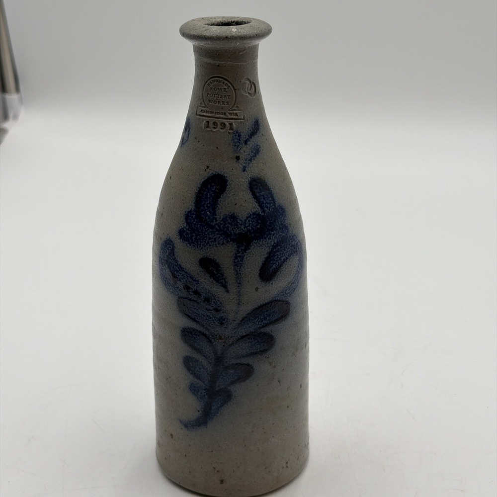 Vintage Rowe Pottery Works  1991 Cobalt Blue Bottle Vase Salt Glaze 9x3" Floral